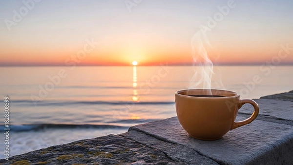 Obraz Steaming coffee on a wall, overlooking a tranquil sunrise over the calm ocean. A picturesque moment of morning serenity and peaceful contemplation
