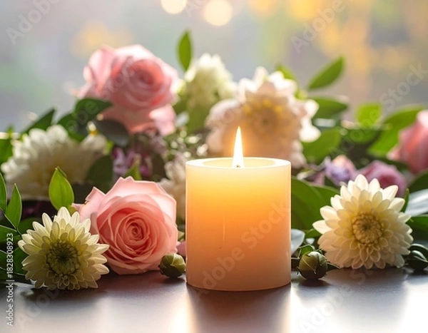 Fototapeta Soft glow of a candle amidst colorful flowers