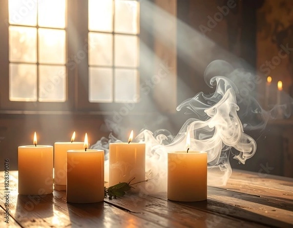 Obraz Soft lighting bathes candles, emanating smoke with a wooden backdrop