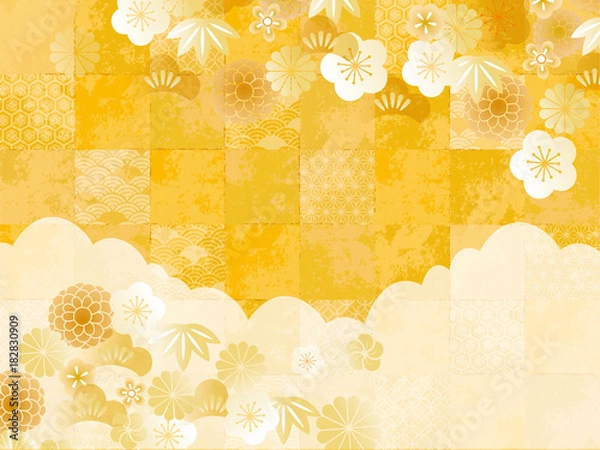 Obraz チェック 和金箔 雲梅 二