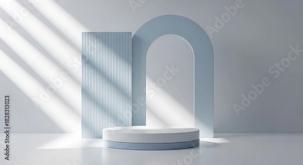 Fototapeta Minimalist product display pedestal with soft blue geometric arch and shadow
