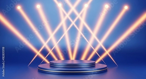 Fototapeta Illuminated blue stage podium with dramatic orange spotlight beams