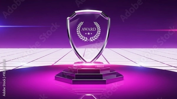 Fototapeta Glowing crystal shield award trophy on a futuristic purple stage