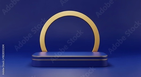 Fototapeta Elegant dark blue podium with golden arch for product display presentation