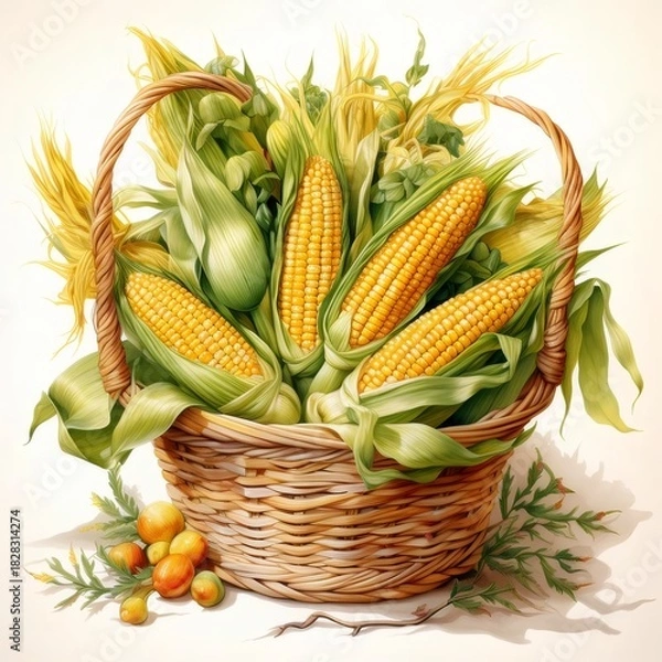 Obraz バスケットの新鮮なトウモロコシと葉っぱ