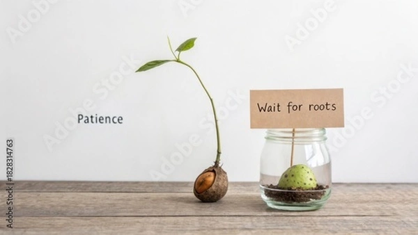 Obraz Growth Journey of a Seedling with Symbolic Sign for Patience and Anticipation in a Minimalist Setting