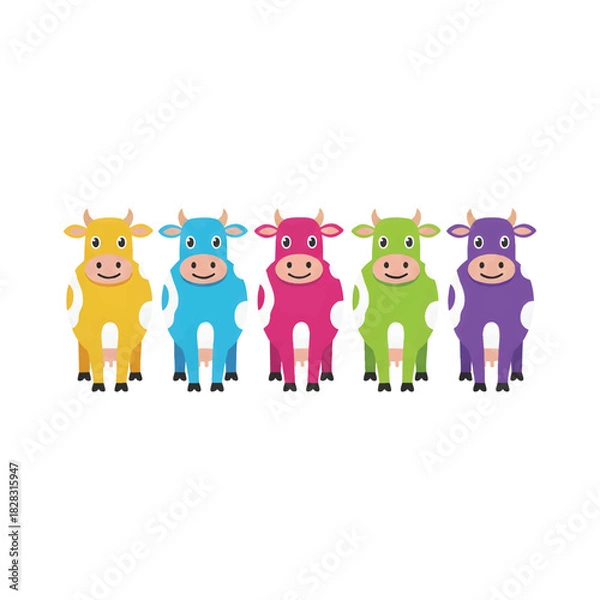 Obraz Five Colorful Flat Design Cows Vector Set - Cute Farm Animals