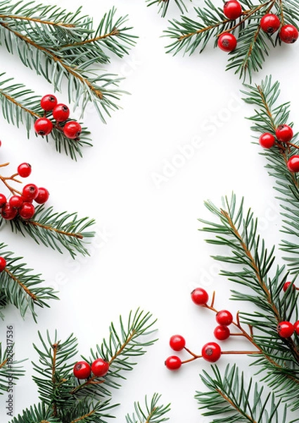 Fototapeta Christmas Pine Branches with Red Berries on White Background with Copy Space