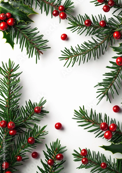 Fototapeta Christmas Pine Branches with Red Berries on White Background with Copy Space