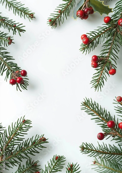 Fototapeta Christmas Pine Branches with Red Berries on White Background with Copy Space