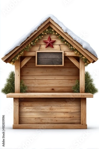 Obraz Wooden Christmas market stall with snowy roof, red star decor and evergreen garlands, ideal for festive holiday designs, seasonal ads and winter market themes
