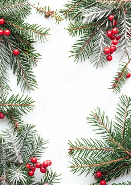 Fototapeta Christmas Pine Branches with Red Berries on White Background with Copy Space