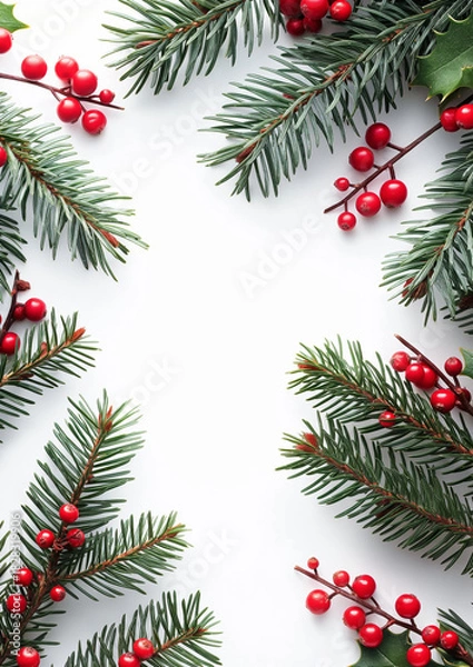 Fototapeta Christmas Pine Branches with Red Berries on White Background with Copy Space