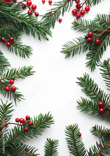 Fototapeta Christmas Pine Branches with Red Berries on White Background with Copy Space