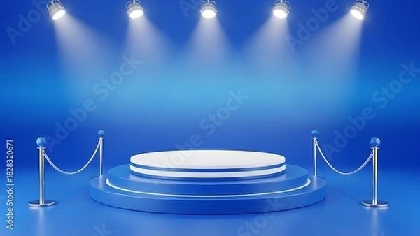 Fototapeta A vibrant 3d rendering of an empty blue stage podium illuminated by bright overhead spotlights, set up with velvet ropes for an exclusive presentation or product launch event