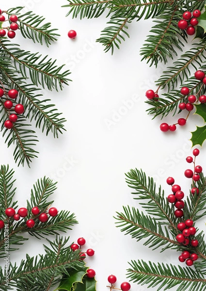 Fototapeta Christmas Pine Branches with Red Berries on White Background with Copy Space