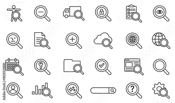 Obraz 検索、リサーチに関する編集可能な線画アイコンセット 検査 監視 分析