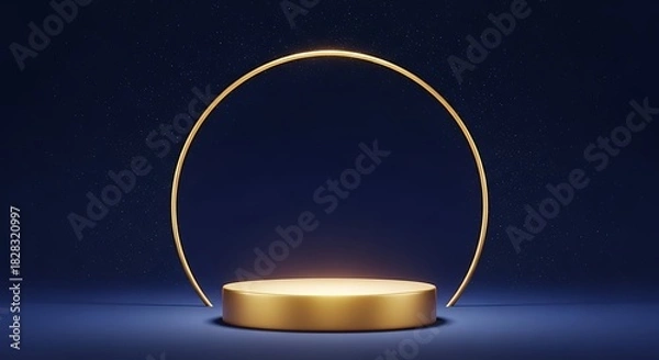 Fototapeta A luxurious golden circular podium or stage with a glowing ring arch against a dark blue background sprinkled with tiny white stars, perfect for product display or award presentation