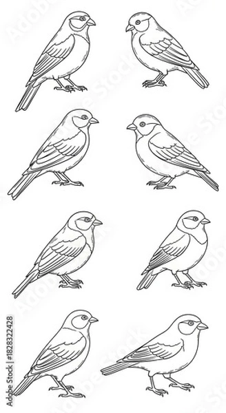 Fototapeta Elegant avian line art compilation showcasing diverse sparrow poses and postures with minimalist