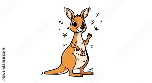 Fototapeta Delightful cartoon kangaroo with joey offering a friendly wave amidst magical sparkle
