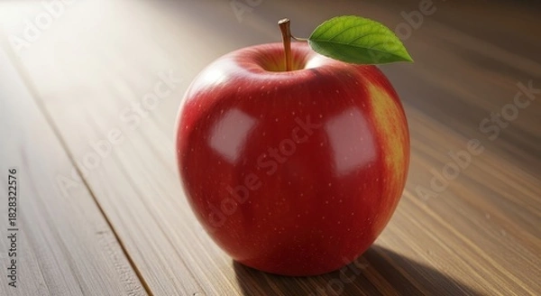 Fototapeta A solitary, ripe red apple with a vibrant green leaf rests on a wooden surface illuminated by soft