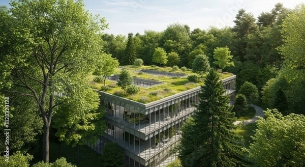 Fototapeta Sustainable design: Modern office building with extensive green roof in lush forest setting