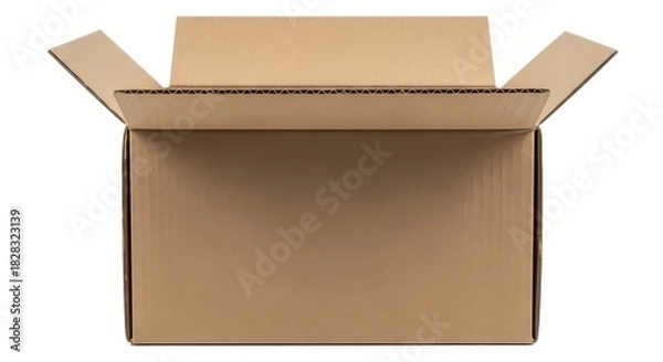 Fototapeta Open corrugated cardboard box showcasing packaging concept for logistics industry