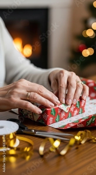Fototapeta Festive preparation: Woman wrapping a gift with a warm fireplace backdrop creating a cozy