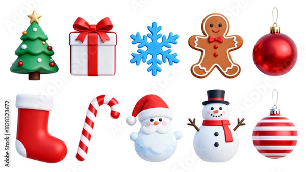 Fototapeta Set of 3D Christmas Icons and Decorations Isolated on Transparent