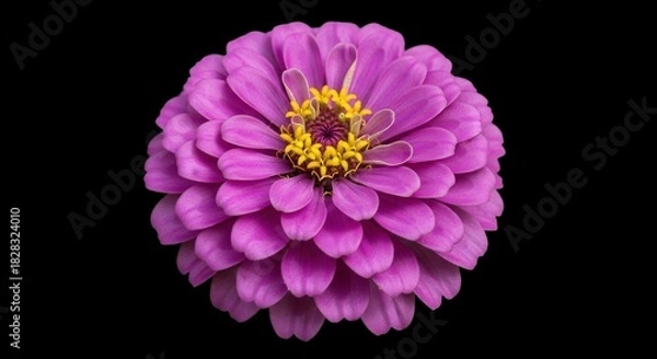 Fototapeta Isolated pink zinnia blossom against a stark black backdrop creates a striking floral display