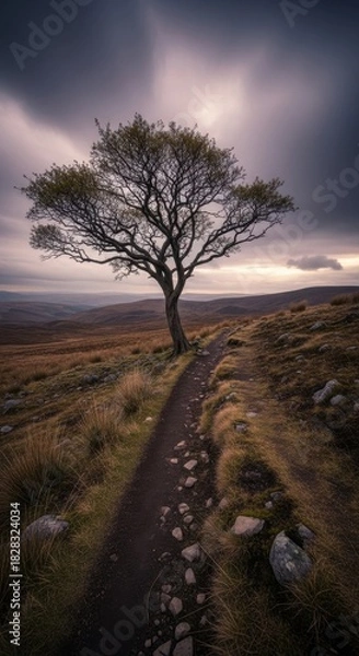 Fototapeta Solitary arboreal presence on a hillside path under a clouded twilight panorama display