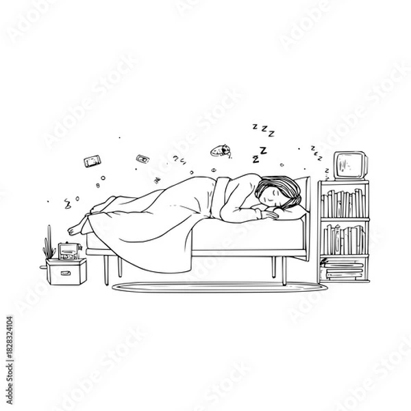 Fototapeta Handdrawn illustration of a person sleeping in bed, surrounded by books and floating elements, isolated on