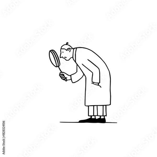 Fototapeta Minimalist line art of a scientist or detective with a magnifying glass, investigating, isolated on