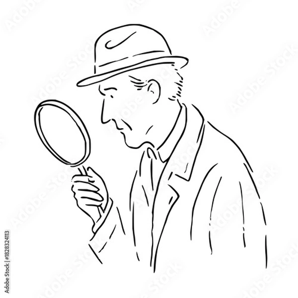Fototapeta Line drawing of a man in a fedora hat holding a magnifying glass, representing investigation, isolated on
