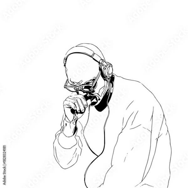 Fototapeta Line art illustration of a person with headphones and glasses, holding an object to their mouth, isolated on