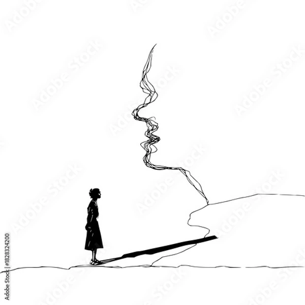 Fototapeta A minimalist black and white illustration of a person gazing at an abstract face profile made of wavy lines, isolated on