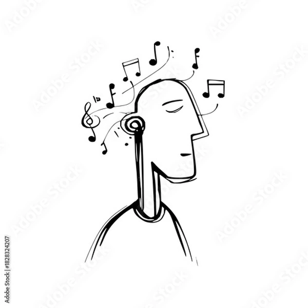 Fototapeta Handdrawn illustration of a person enjoying music through an earbud, with musical notes, isolated on
