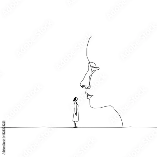 Fototapeta Minimalist line art drawing of a small person standing in front of a large abstract face, isolated on