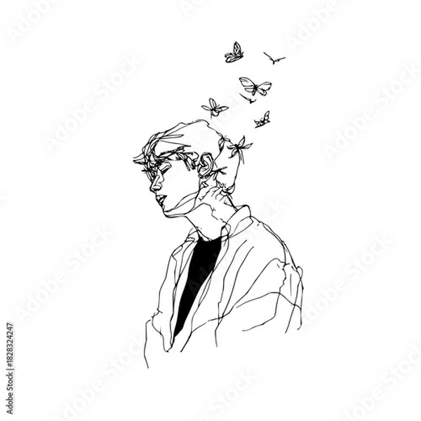Fototapeta Minimalist line art of a person with butterflies flying above, symbolizing freedom and thought, isolated on