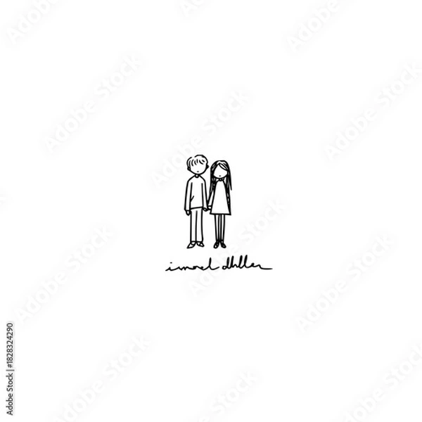 Fototapeta Minimalist line art drawing depicting a man and a woman holding hands, representing togetherness, isolated on