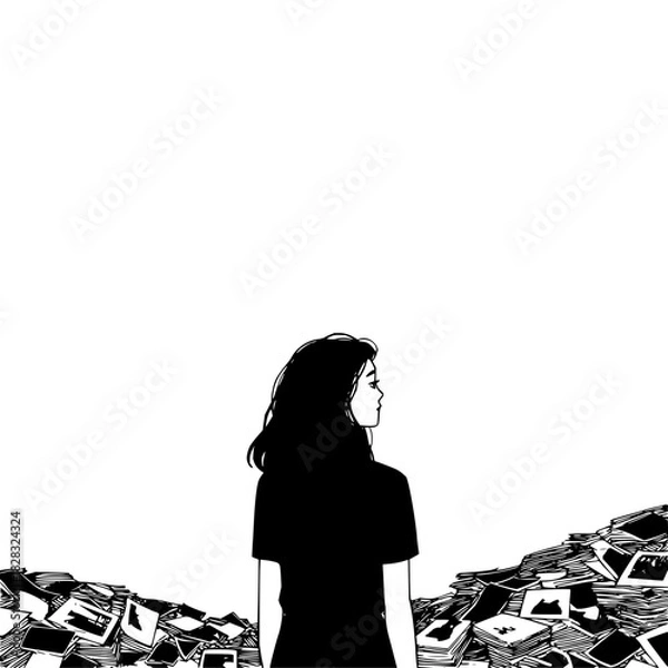 Fototapeta Woman standing amidst piles of old photographs, looking back, symbolizing memories and nostalgia, isolated on