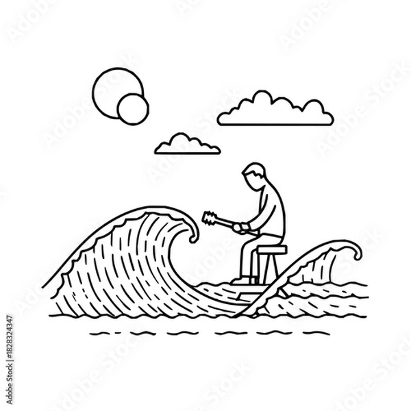 Fototapeta Minimalist line art of a person playing guitar on a stool in ocean waves under a cloudy sky, simple illustration