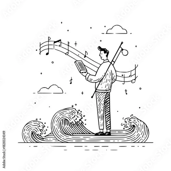 Fototapeta Man on musical waves, book, staff, notes, symbolizing creative journey, isolated on