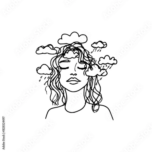 Fototapeta Woman with closed eyes, raining clouds around head, symbolizing mental health, isolated on