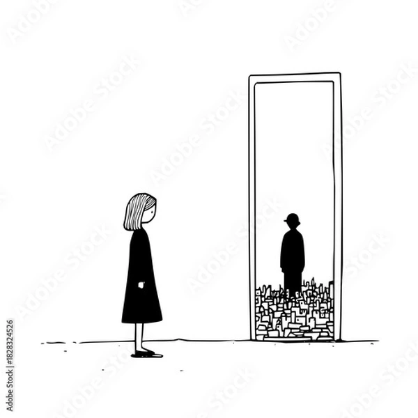 Fototapeta Minimalist drawing of a woman looking at a small person on blocks inside a tall door frame, isolated on