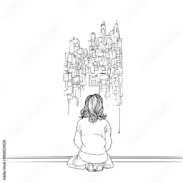 Fototapeta A person with their back to the viewer, kneeling and contemplating a complex, abstract cityscape drawing, isolated on