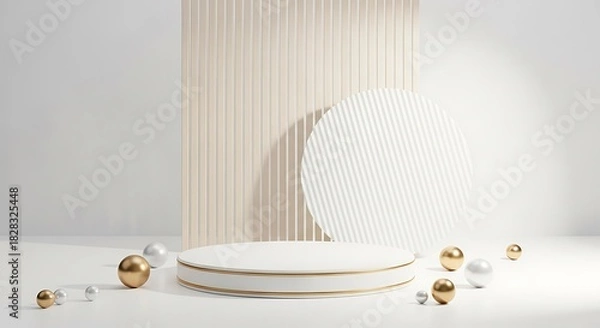 Fototapeta Elegant white and gold circular display podium with decorative spheres set against a textured beige vertical panel background, isolated on white background
