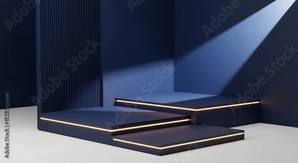 Fototapeta A dark blue, modern, threetiered display podium with glowing yelloworange accent lighting, set against a deep blue background illuminated by a dramatic spotlight beam