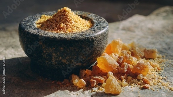 Fototapeta boswellia. Marble mortar containing freshly crushed amber-colored resin on a stone surface. menu design, packaging mockups, designed for culinary blogs and recipe cards for restaurants.