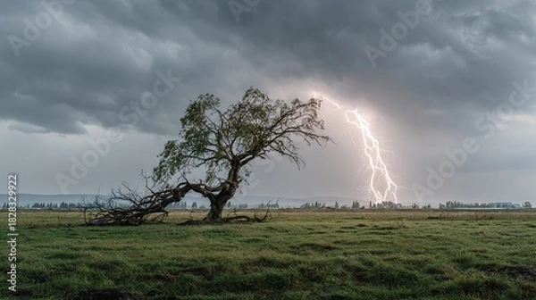 Fototapeta predictability. A solitary tree struck by lightning during a storm with dramatic sky. ESG reports, sustainability campaigns, designed for sustainability communications and ESG reporting.